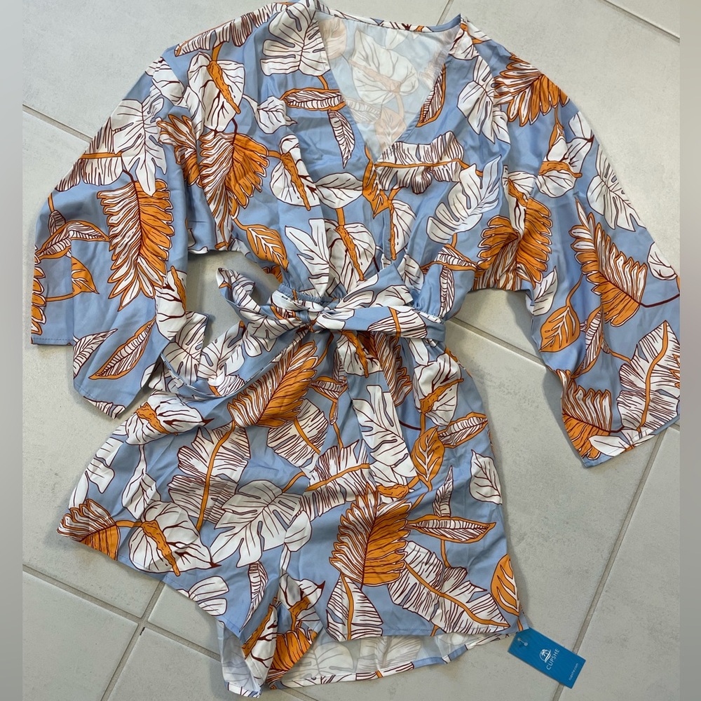 Cupshe Blue and Orange Leaf Print Romper